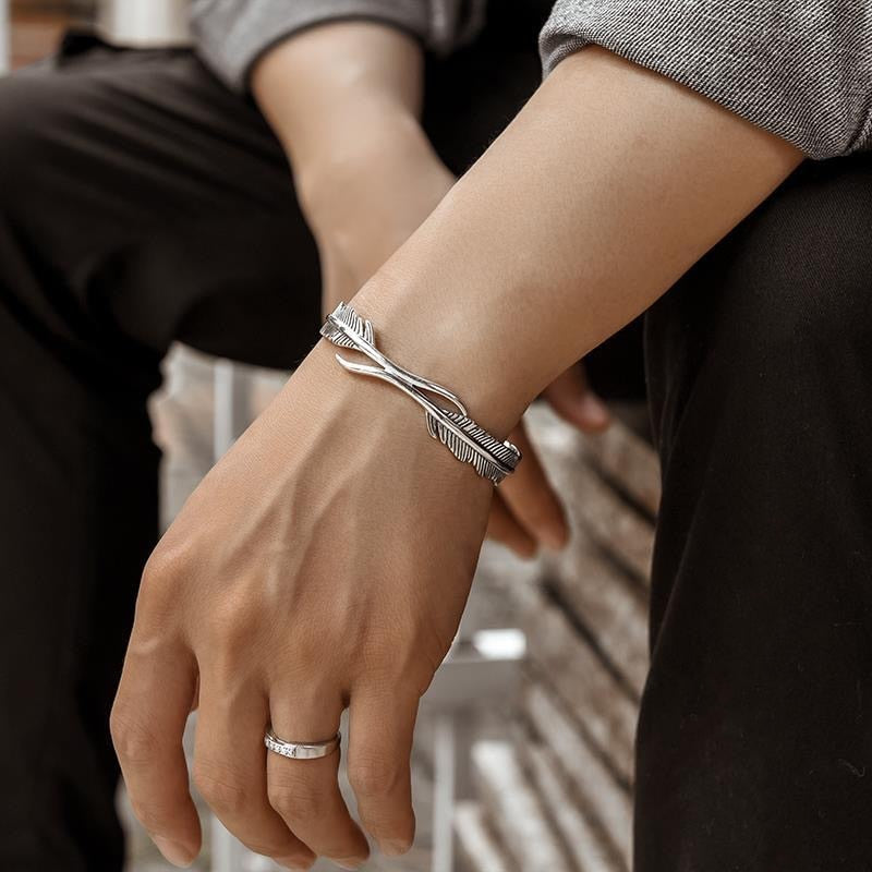 Santino - Bracelet manchette en argent sterling avec plumes et motif ajouré